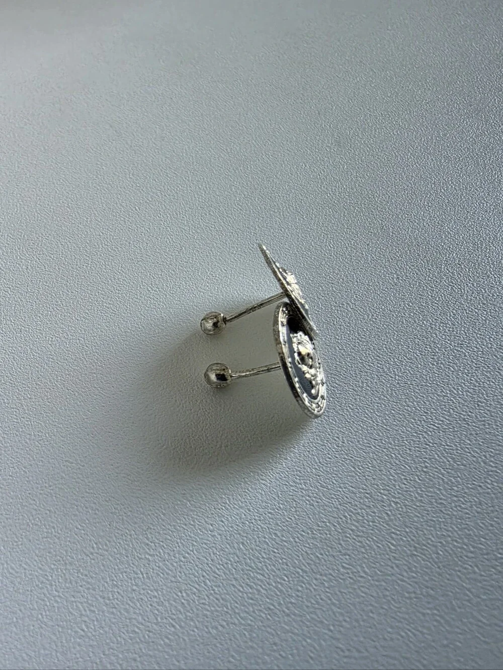 925 Sterling Silver Medusa Stud Earrings Greek Key Black Enamel